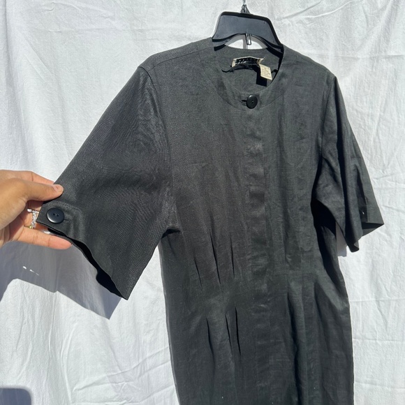 100% Linen Black Cinched Waist Structured Midi Length Minimalist Dress - Picture 3 of 5